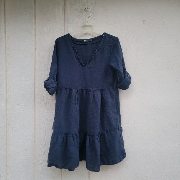 Francesca Bettini Linen Tired Flowy Dress Lagenlook  Blue Boho Sz Large - Picture 1 of 6